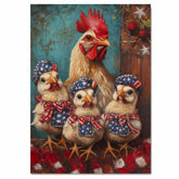 Mother Chicken with Three Baby Chicks in Patriotic Bandanas and Hats Oil Painting on Ready to Hang 1.5" Thick Canvas Wrap, Floating Framed Canvas, Flat Rolled Canvas